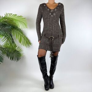 Vintage Y2K Gray Fairy Grunge Bohemian Indie Baddie Knit Sweater Mini Dress / 3